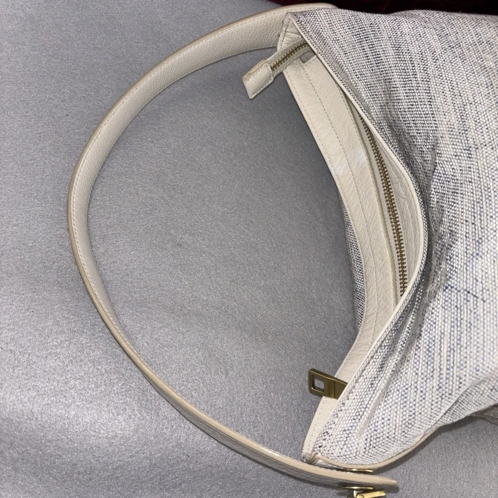 Fossil Maya Collection Hobo Cream & Blue Leather Canvas Adjustable Crossbody EUC